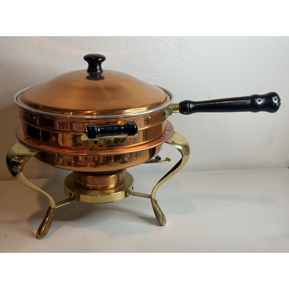 Vintage Copper Brass Chafing Dish Buffet Warming Warmer‎ Tray Pan Handle Burner